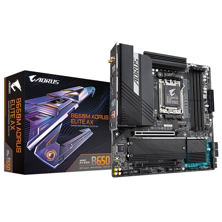 GIGABYTE B650M AORUS ELITE AX Carte mère AMD Ryzen série 9000 VRM 12+2+1 phases jusqu'à 8000 MHz DDR5 OC 1xPCIe 5.0 + 1xPCIe 4.0 .2 LAN 2 5 GbE WIFI 6E USB 3.2 Gen 2 Neuf - vue 1