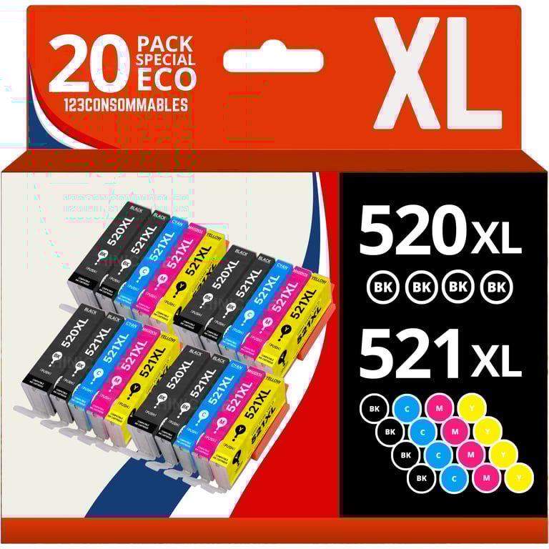 123CONSOMMABLES PGI 520 CLI 521 Cartouches d'encre compatibles pour Canon Pixma IP3600 IP4600 IP4600X IP4700 MP540 MP550 MP560 MP620 MP630 MP640 MP640R MP980 MP990 MX860 MX870 Lot de 10 Neuf - vue 3