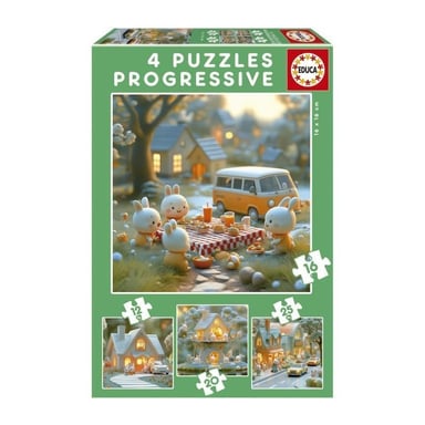 Puzzles progresivos - EDUCA - Ciudad de Conejos - 4 puzzles - 12 a 25 piezas - Para niños
