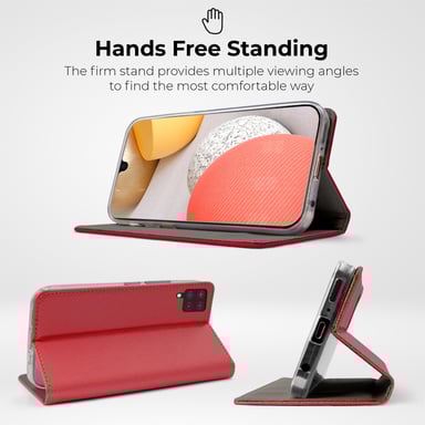 Moozy Case Flip Cover para Samsung A42 5G, Rojo - Funda inteligente magnética Flip Cover con tarjetero y soporte