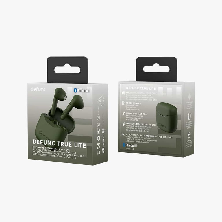 Defunc True Lite Kaki - Écouteur sans Fil Bluetooth 5.3 Hi-FI Son Stéréo, Contrôle Tactile, Microphones Intégrés, 20 Heures Durée de Lecture, USB-C Charge, pour iOS et Android Telephone - Neuf