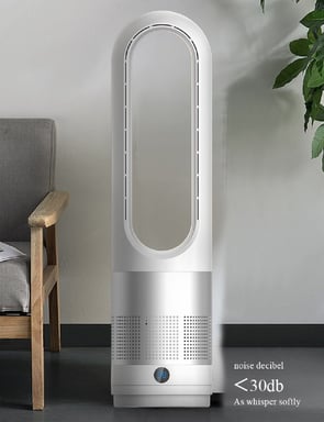 Faryuan UML-018 Ventilador de torre portátil sin aspas | Motor sin escobillas de 40 W, de 3.200 a 8.000 rpm, ventilador purificador de aire, filtro HEPA, mando a distancia con función de temporizador, Blanco