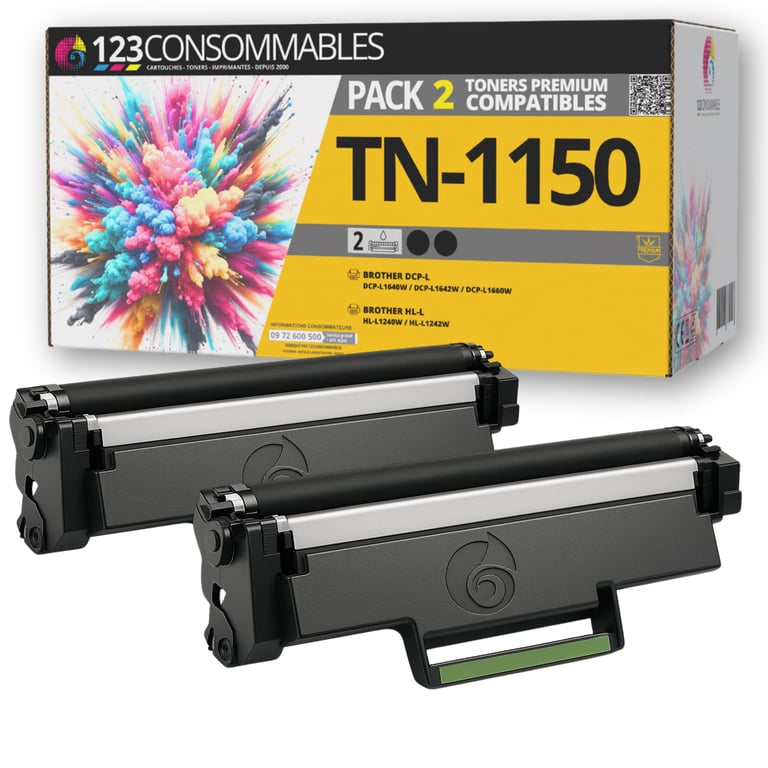 123CONSOMMABLES TN 1150 Pack 2 Toners Compatibles avec Brother TN1150 – – pour Brother Neuf