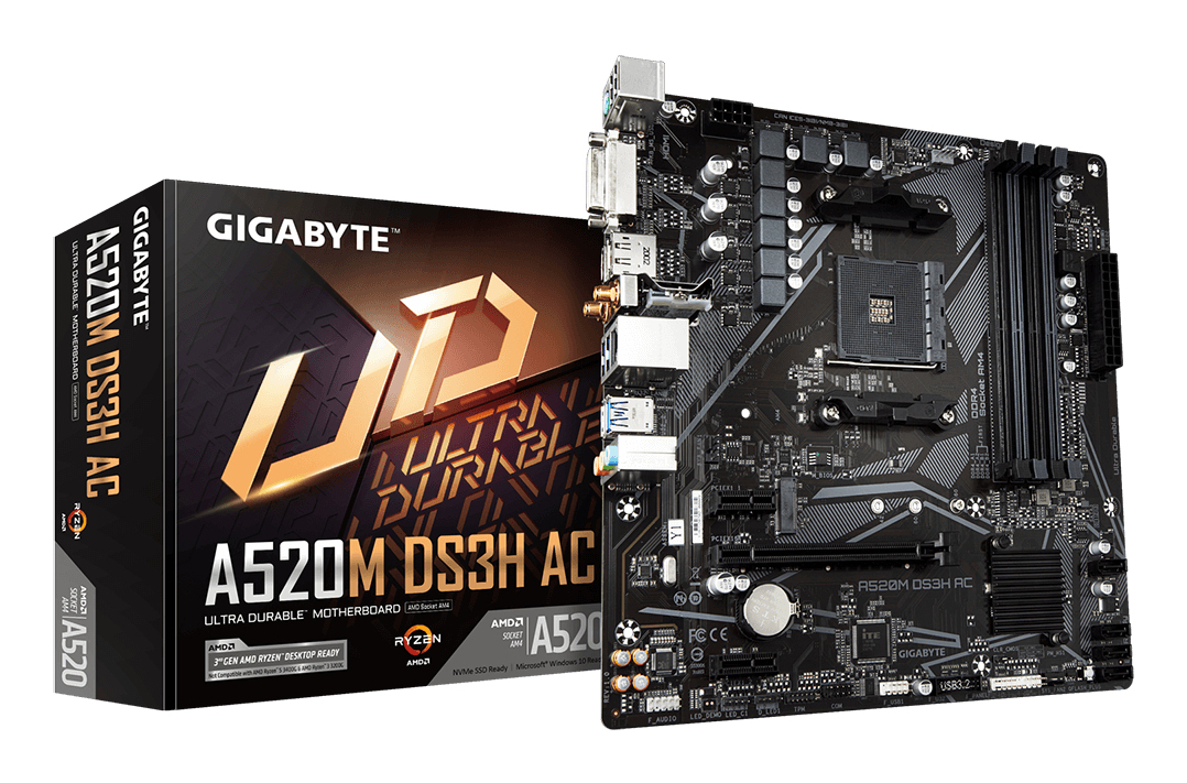 GIGABYTE A520M DS3H AC Carte Mère Processeurs AMD Ryzen 5000 Series VRM 5+3 phases jusqu'à 4733 MHz DDR5 OC 1xPCIe 3.0 .2 LAN GbE WIFI 5 USB 3.2 Gen 1 Neuf