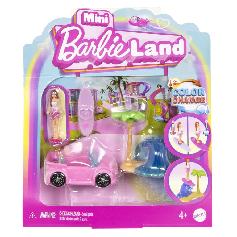 Barbie Coffret Mini BarbieLand Véhicule de Plage avec poupée de 3 8 cm décapotable de plage qui change de couleur et accessoires de plage JCR35