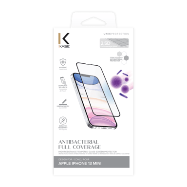 Protection dâ€™écran antibactérienne en verre trempé ultra-résistant (100% de surface couverte) pour Apple iPhone 13 mini, Noir