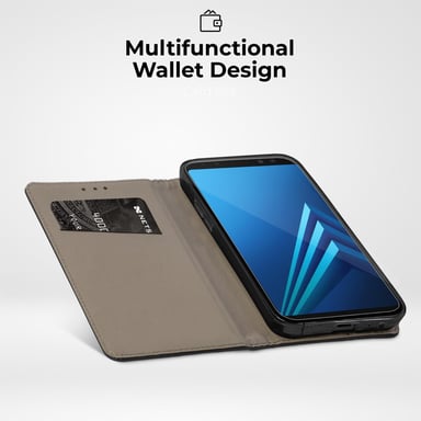Moozy Case Flip Cover pour Samsung A8 2018, Noir - Étui à Rabat Magnétique Intelligent avec Porte-Cartes et Support