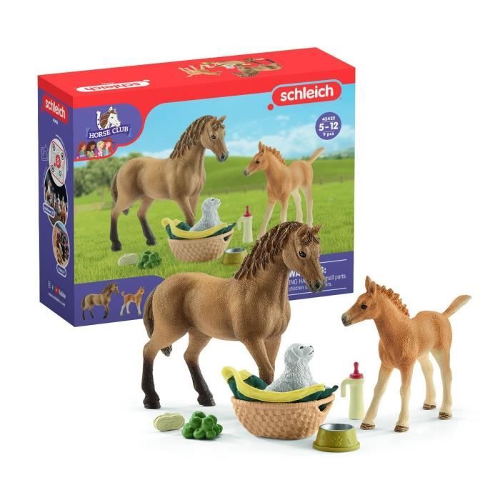 Schleich Assortiment Figurine Cheval avec Poulain et Chiot - Animaux de la Ferme et Accessoires - C pour Garçons et Filles - Cadeau