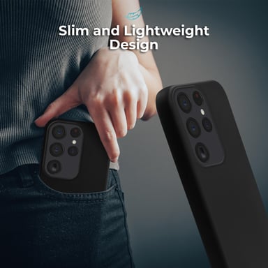 Moozy Lifestyle. Coque en silicone pour Samsung S23 Ultra, noir – Coque légère en silicone liquide avec finition mate et doublure en microfibre douce, coque en silicone de qualité supérieure