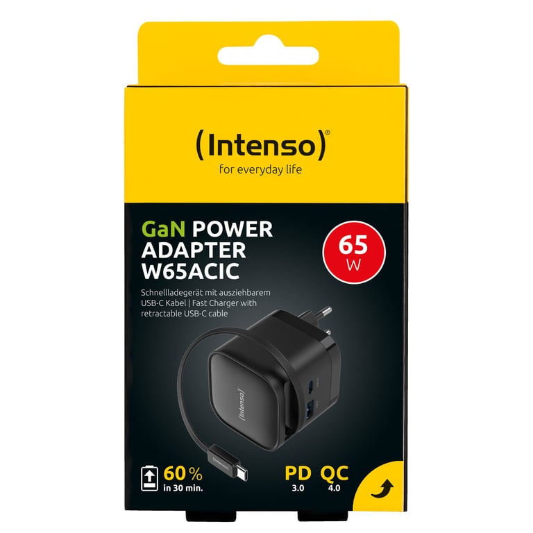 CHARGEUR SECTEUR USB-C 65 W AVEC CORDON RETRACT. 0,7M NOIR - Neuf