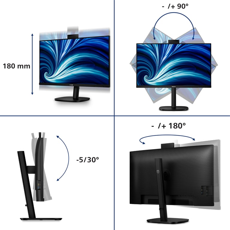 Philips 32B2U3601H 3000 Series écran LED 32 31.5 visualisable 2560 x 1440 QHD @ 100 Hz IPS 1000:1 HDMI DisplayPort USB C haut parleurs - vue 3