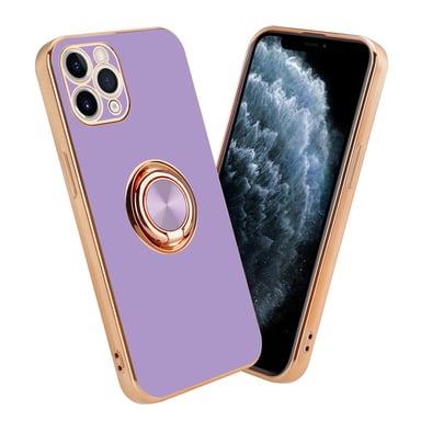 Coque pour Apple iPhone 11 PRO MAX en Glossy Lilas Clair - Or avec anneau Housse de protection Étui en silicone TPU flexible, avec protection pour appareil photo et support voiture magnétique