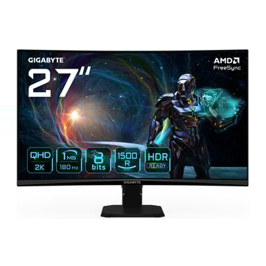 GIGABYTE GS27QCA 27'' Moniteur Gaming Incurvé QHD - 2560 x 1440, 180Hz, 1ms, 250 cd/m², FreeSync, HDR Ready, HDMI 2.0, DisplayPort 1.4