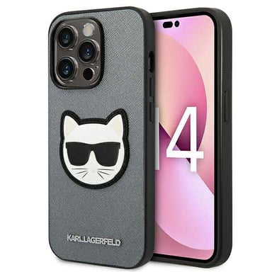 Custodia Karl Lagerfeld per iPhone 14 Pro Max 6,7'' Custodia rigida argento Saffiano Choupette Head Patch