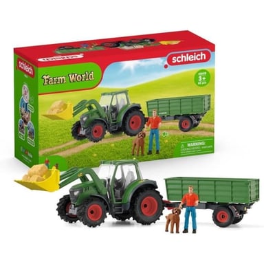Schleich Tracteur et remorque, C avec 1 tracteur, 1 rremorque, 1 figurine humaine articulée, 1 figurine chien pour enfants - vue 1