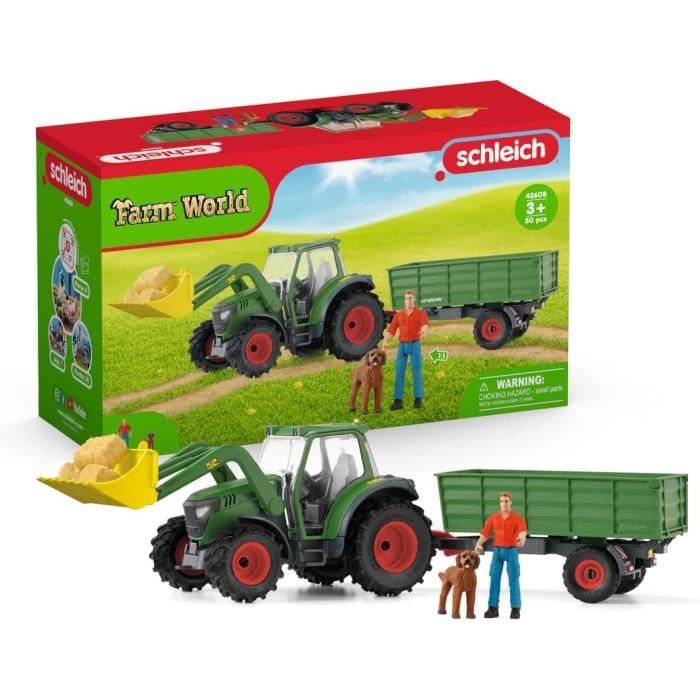 Schleich Tracteur et remorque C avec 1 tracteur 1 rremorque 1 figurine humaine articulée 1 figurine chien pour