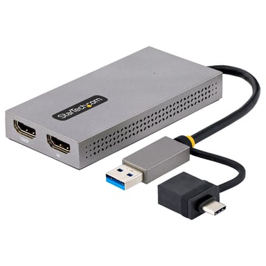 StarTech.com Adaptador de USB a HDMI Doble, USB A/C a 2 Pantallas HDMI (1x 4K30Hz, 1x 1080p), Dongle Integrado USB-A a C, Cable de 11cm, Adaptador USB