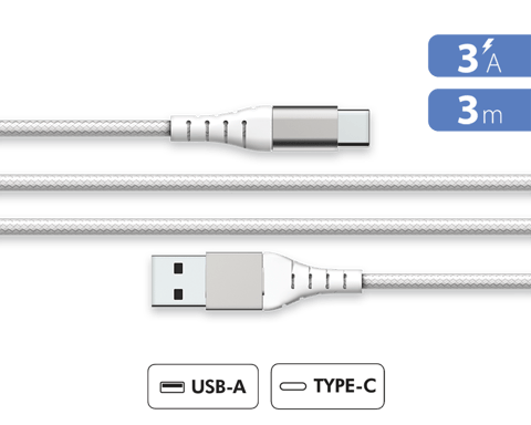 Cavo USB A/USB C rinforzato 3 m - 3 A Bianco