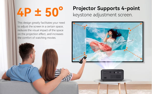 Proyector WiFi de Cine en Casa Surewheel SW10, FHD+ 1080*1920, 600 Lúmenes ANSI, Corrección de Distorsión 4 Puntos, Pantalla 180 Pulgadas para Cine en Casa