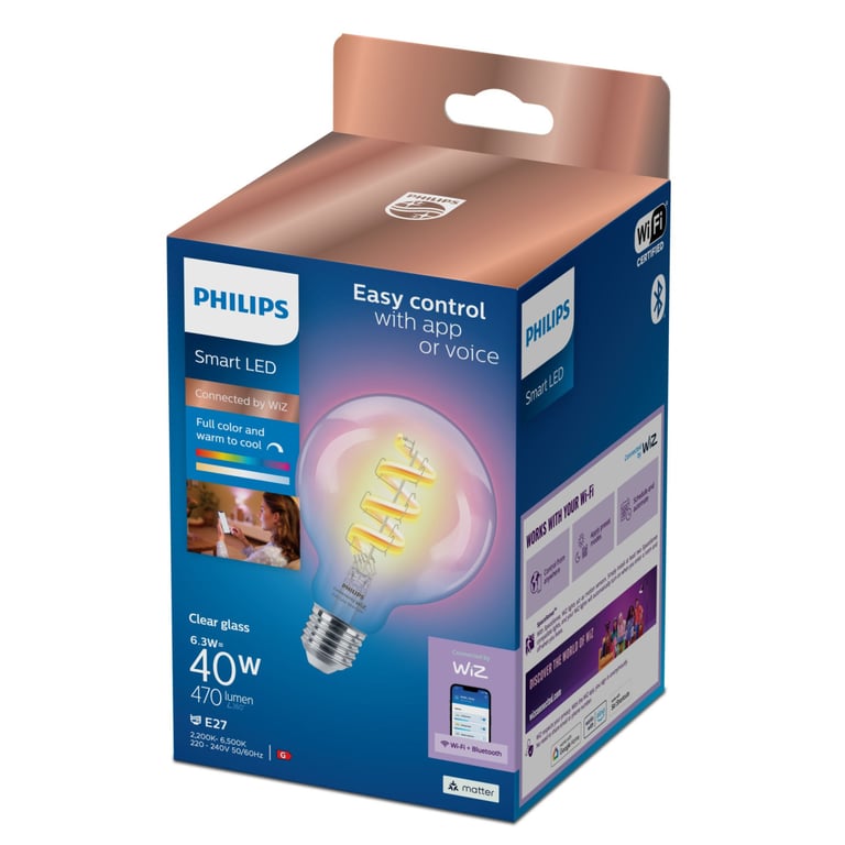 Ampoule connectée Philips PHI WFB G95 E27 822 65 RGB CL Wi FiBluetooth à intensité variable - vue 2
