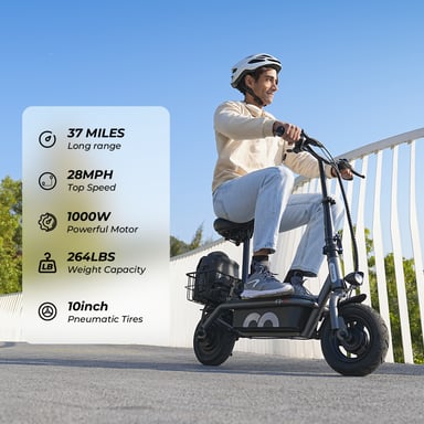 iScooter F3 Vélo Électrique 1000W 28MPH 37Miles 10'' Pneumatique Selle Panier 264LBS Charge Freins Tambour Av/Ar + Électronique LCD 3 Modes
