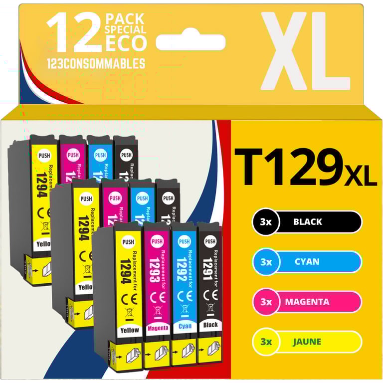 123CONSOMMABLES T1295 Cartouches Encre Compatible avec Epson T1295 pour Stylus SX525WD SX535WD SX425W SX230W Office BX635FWD BX305FW Workforce WF 3520 3 / 3 Cyan / 3 / 3 Jaune Neuf