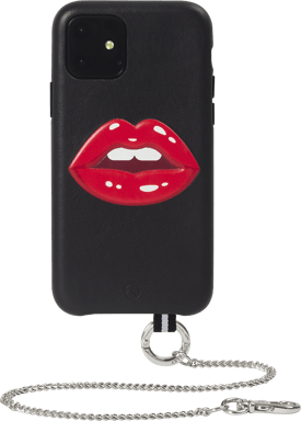 Custodia in pelle per iPhone 11 Bastille con motivo a bocca in rilievo e catena d'argento Artefakt