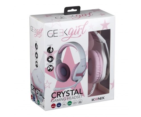 Konix Geek Girl Auriculares de cristal con diadema con cable Play Pink, White