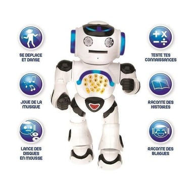 LEXIBOOK Powerman - Robot educativo interattivo per giocare e imparare, ballare, suonare musica, quiz educativi, lancio del disco