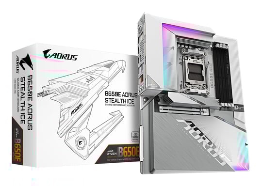 GIGABYTE B650E AORUS STEALTH ICE Carte mère - AMD Ryzen série 9000, VRM 12+2+2 phases, jusqu'à 8000 MHz DDR5 (OC), 1xPCIe 5.0 + 2xPCIe 4.0 M.2, LAN 2,5 GbE, WIFI 7, USB 3.2 Gen 2x2