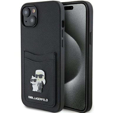 Étui Karl Lagerfeld pour iPhone 15 6.1'' noir étui rigide Saffiano Cardslot Karl&Choupette Metal Pin