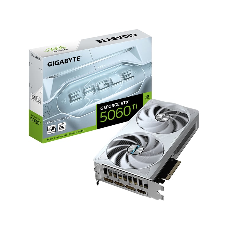 GIGABYTE GeForce RTX 5060 Ti EAGLE OC ICE 8G Carte Graphique – 8 Go GDDR7 128 bits PCI E 5.0 2617 MHz Fréquence du processeur 3 x DisplayPort 1 x HDMI GV N506TEAGLEOC ICE 8GD Neuf