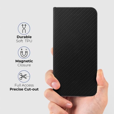 Moozy Étui Portefeuille pour Samsung A33 5G, Noir Carbone - Étui à Rabat avec Bordure Métallique, Fermeture Magnétique, Flip Cover avec Porte-Cartes et Fonction Béquille