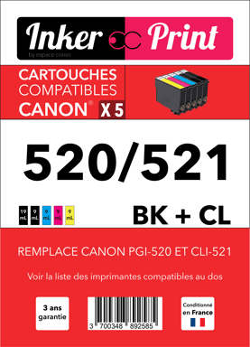 Pack de Cartouches d'encre recyclées compatibles avec CANON 520 / 521 XL (Noir et Couleurs)