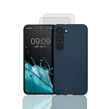 EVETANE Coque Galaxy S23+ Silicone liquide Bleu + 2 Vitres en Verre trempé Protection écran Antichocs