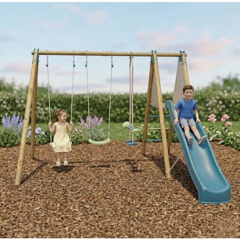 Balançoire ALEO BY TRIGANO OPTIMA 2 en bois et métal avec toboggan et Neuf - vue 3