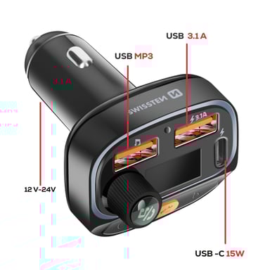 Swissten Transmisor FM Bluetooth 5.3 carga rápida 15.5W RGB MP3 Negro