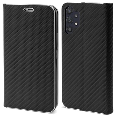 Moozy Étui portefeuille pour Samsung a32 5g, Carbone – Étui à rabat avec bordure métallique, fermeture magnétique, porte-cartes et fonction béquille, noir
