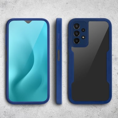 Moozy Case 360 para Samsung A23 5G/4G - Funda transparente con borde azul, protección completa de doble cara, funda con protector de pantalla integrado