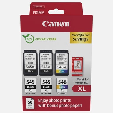 Canon PG-545XL/CL-546XL Multipack de 3 cartuchos de tinta originales + 50 hojas de papel fotográfico -