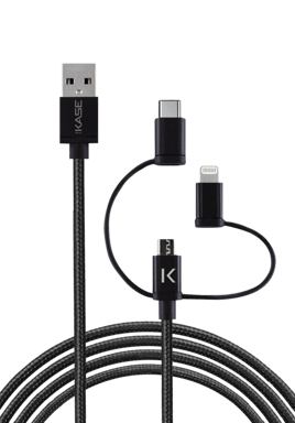 Câble Multi USB 3 en 1 Tressé et Renforcé - USB-C, Micro-USB et Lightning -  1.2m