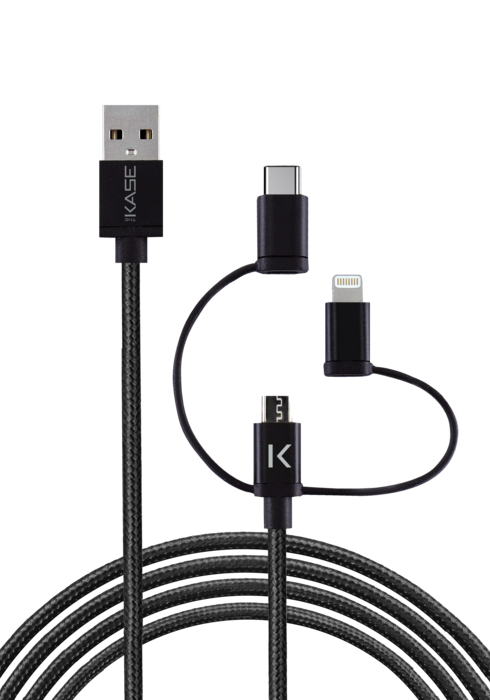Câble USB charge/sync 3-en-1 vers micro-USB, Lightning® certifié MFi Apple  & type C tressé métallisé (1M) - The Kase
