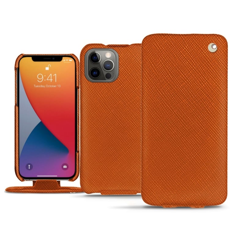 Housse cuir Apple iPhone 13 Pro Max - Rabat vertical - Orange - Cuir  saffiano - Noreve St Tropez