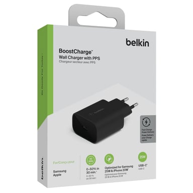 Belkin Chargeur Secteur BoostCharge 25 W avec PPS (USB-C Power Delivery, Recharge Rapide pour iPhone, Samsung, Galaxy Tab, iPad, etc.)