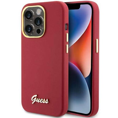 Custodia Guess per iPhone 15 Pro 6.1'' magenta Custodia rigida in silicone Script Metal Logo & Frame
