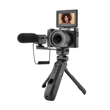 AGFAPHOTO Kit Vlogging VLG-4K – Cámara 4K 24MP, zoom óptico 8X, pantalla LCD 3'', sensor CMOS, trípode powerbank, micrófono, mando, micro SD 32GB incluida, batería de litio – Negro