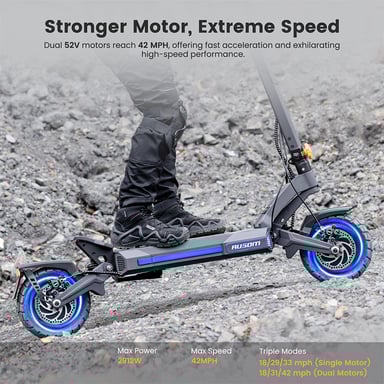 Patinete Eléctrico Ausom DT2 Pro, Motores 21100W, Batería de 52V 23.4Ah, Neumáticos de 10.3”, Velocidad Máxima de 68 km/h, Autonomía Máxima de 115 km, Frenos de Disco Hidráulicos Delanteros y Traseros, Suspensión de Brazos Oscilantes.