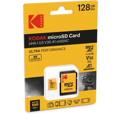 KODAK Carte Mémoire Micro SD - 128GB, Classe 10, Haute Performance, avec Adaptateur