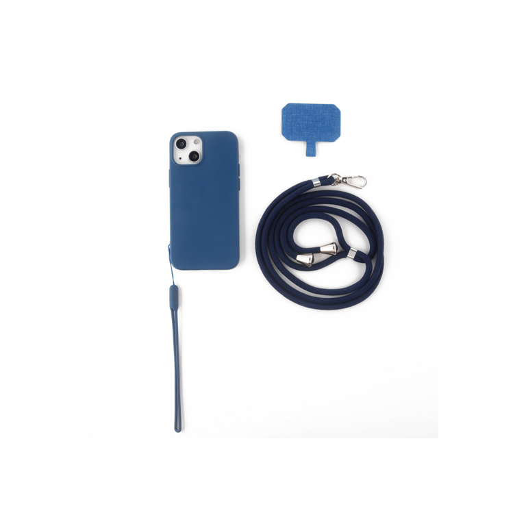 JAYM - Funda de silicona azul para Apple iPhone 14 Pro - Incluye correa para el cuello y muñequera - Forro 100% microfibra