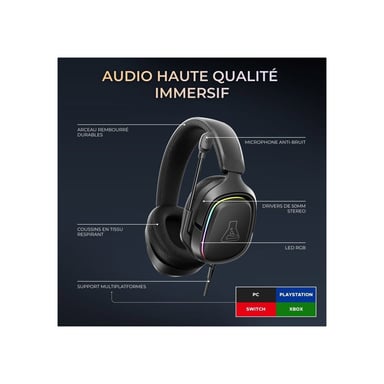 Casque gaming filaire THE G-LAB KORP MERCURY RGB micro rétractable noir